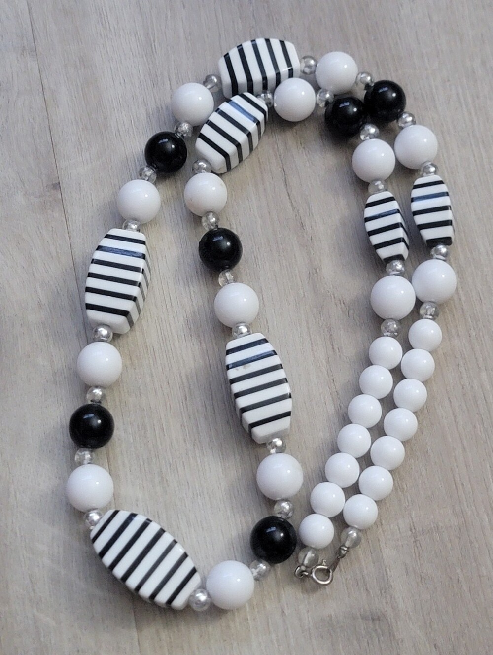 Vintage 1960s Mod Style Chunky Black & White Striped Beaded Necklace Retro